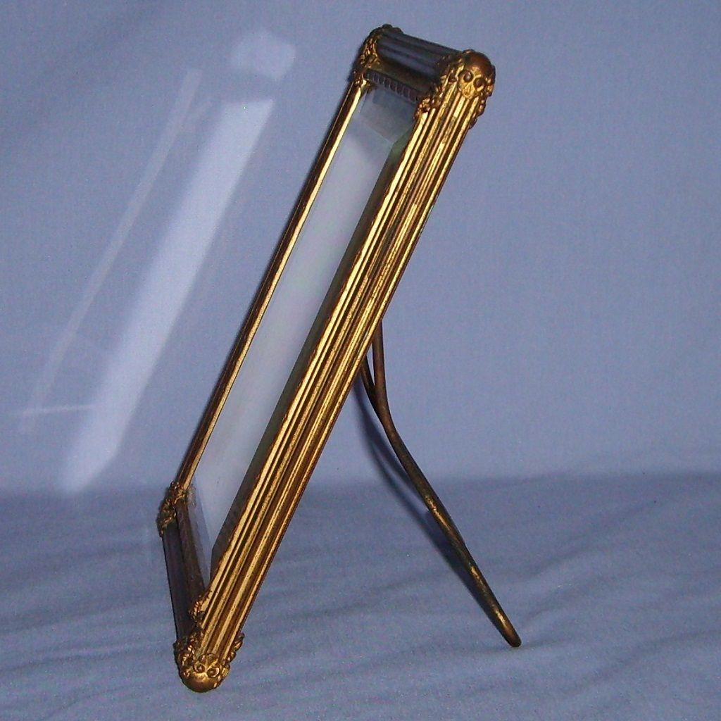 Antique Standing Mirror Beveled Ornate Gilt Metal Frame Antique Standing Mirror Beveled Ornate Gilt Metal Frame