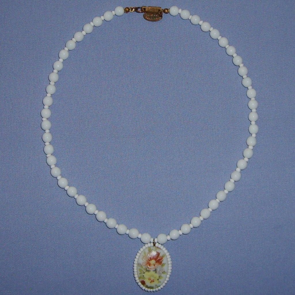 Signed Miriam Haskell Milk Glass Necklace Hand-painted 1969 Signed Miriam Haskell Milk Glass Necklace Hand-painted 1969