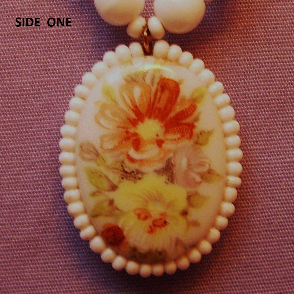 Signed Miriam Haskell Milk Glass Necklace Hand-painted 1969 Signed Miriam Haskell Milk Glass Necklace Hand-painted 1969