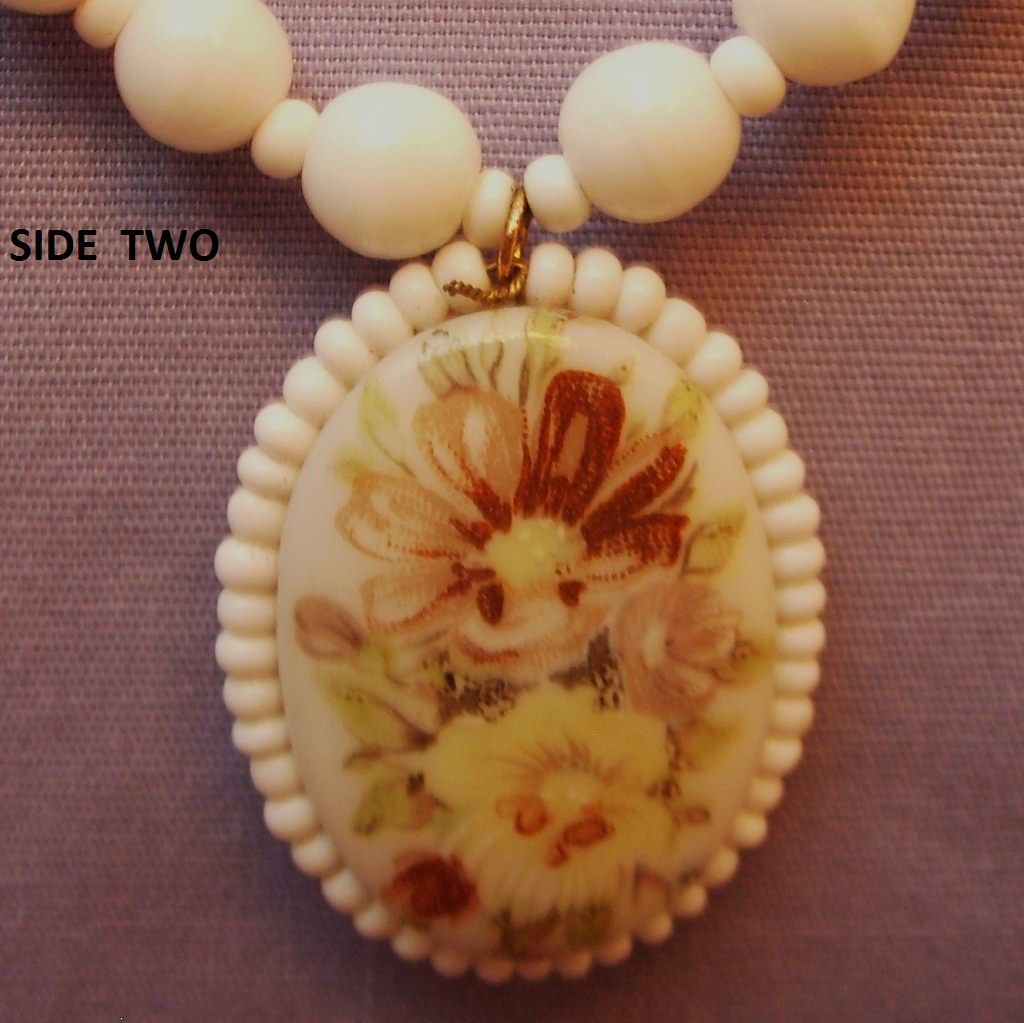 Signed Miriam Haskell Milk Glass Necklace Hand-painted 1969 Signed Miriam Haskell Milk Glass Necklace Hand-painted 1969