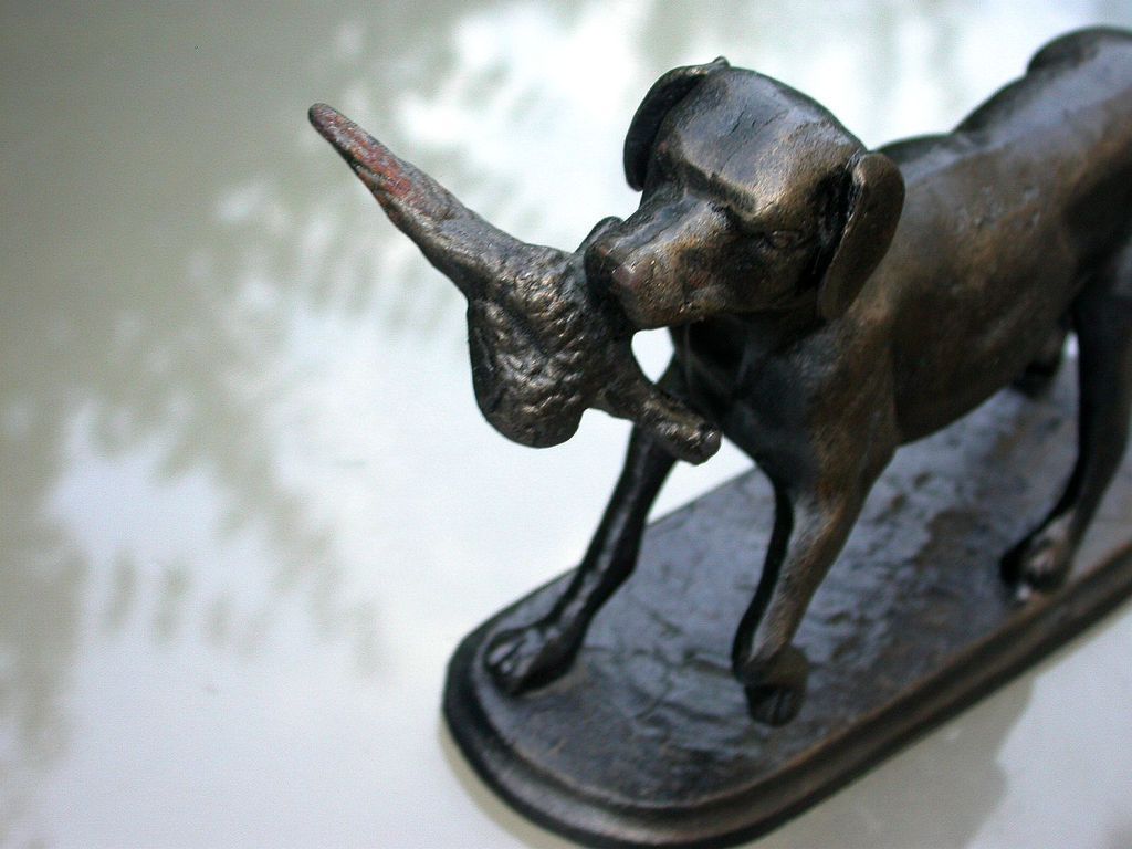 French vintage Art Deco metal sculpture hunting dog with wild bird bronze patina dog French vintage Art Deco metal sculpture hunting dog with wild bird bronze patina dog