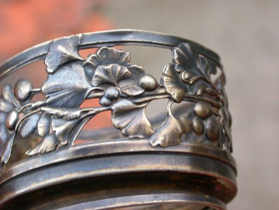 French antique 19th century stamped sterling Silver gold gilt cup holder ornate flower filigree Ginkgo leaves French antique 19th century stamped sterling Silver gold gilt cup holder ornate flower filigree Ginkgo leaves