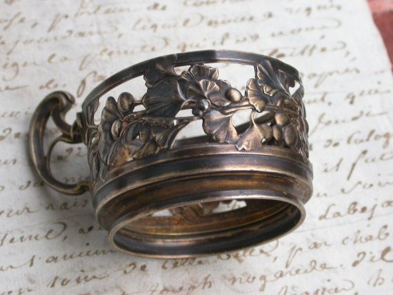 French antique 19th century stamped sterling Silver gold gilt cup holder ornate flower filigree Ginkgo leaves French antique 19th century stamped sterling Silver gold gilt cup holder ornate flower filigree Ginkgo leaves
