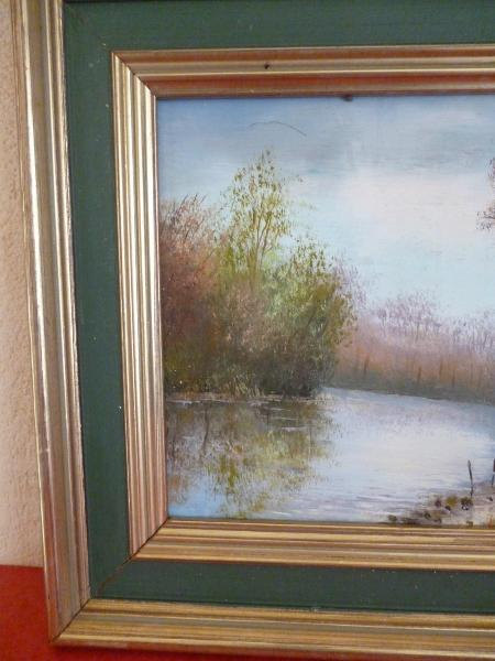 French vintage 1950s Original Oil Painting Of Autumn Lake river tree boat Signed Fall Forest Landscape gold tone frame painting French vintage 1950s Original Oil Painting Of Autumn Lake river tree boat Signed Fall Forest Landscape gold tone frame painting