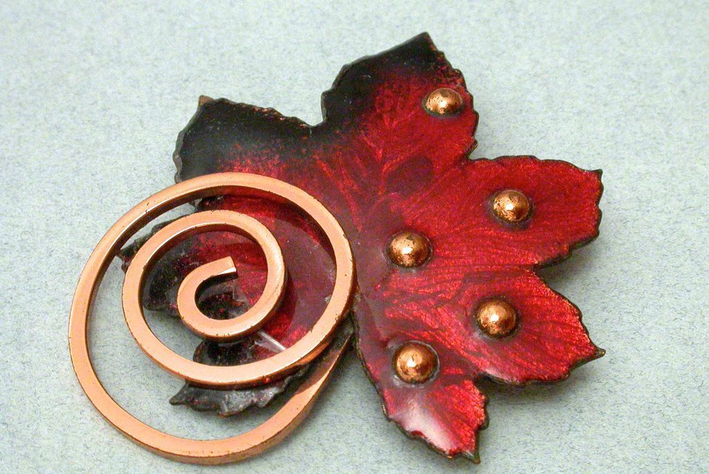 Signed Matisse copper and enamel leaf brooch Signed Matisse copper and enamel leaf brooch