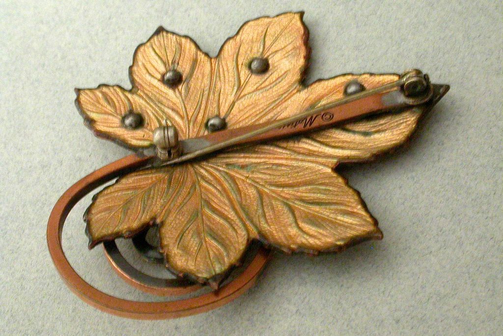 Signed Matisse copper and enamel leaf brooch Signed Matisse copper and enamel leaf brooch