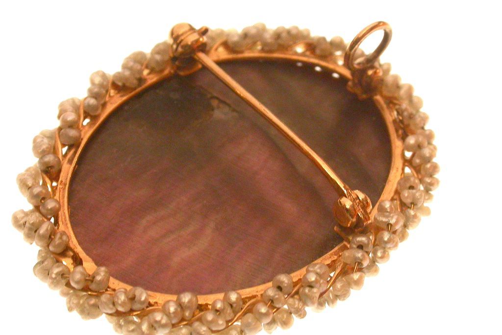 Vintage Cameo Mother of Pearl 14K Gold and Sea Pearl Brooch Pendant Vintage Cameo Mother of Pearl 14K Gold and Sea Pearl Brooch Pendant