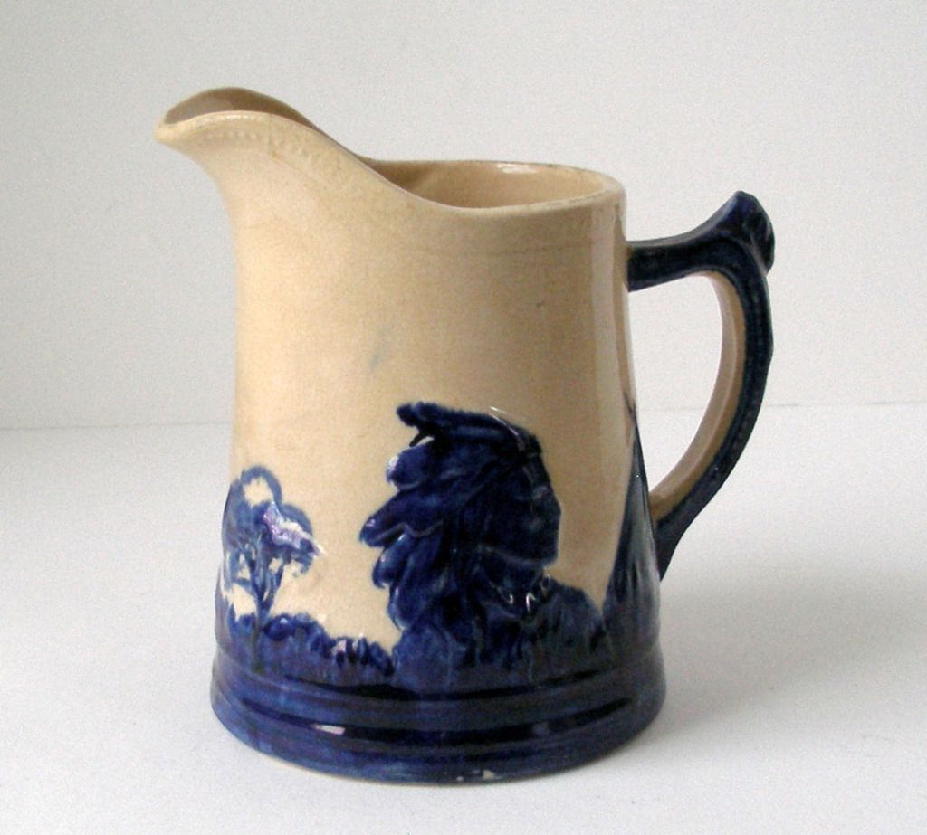 Early 1900's Monmouth Sleepy Eye Stoneware Pitcher Indian Chief flow Blue Cobalt and Beige Flour Premium Early 1900's Monmouth Sleepy Eye Stoneware Pitcher Indian Chief flow Blue Cobalt and Beige Flour Premium
