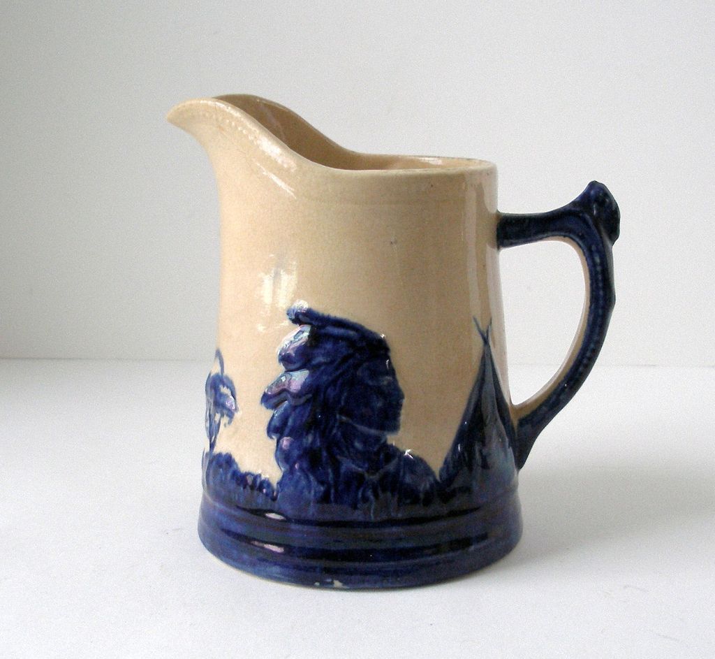 Early 1900's Monmouth Sleepy Eye Stoneware Pitcher Indian Chief flow Blue Cobalt and Beige Flour Premium Early 1900's Monmouth Sleepy Eye Stoneware Pitcher Indian Chief flow Blue Cobalt and Beige Flour Premium