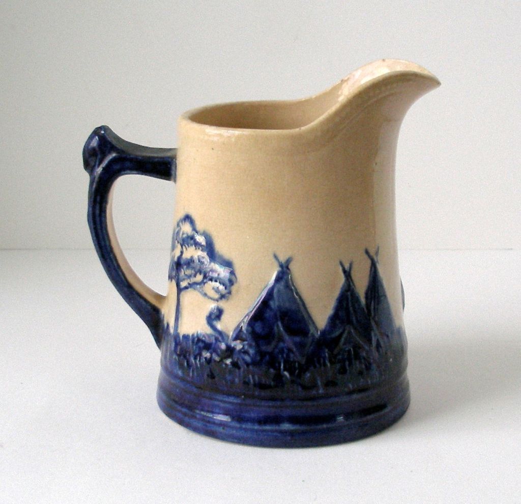 Early 1900's Monmouth Sleepy Eye Stoneware Pitcher Indian Chief flow Blue Cobalt and Beige Flour Premium Early 1900's Monmouth Sleepy Eye Stoneware Pitcher Indian Chief flow Blue Cobalt and Beige Flour Premium