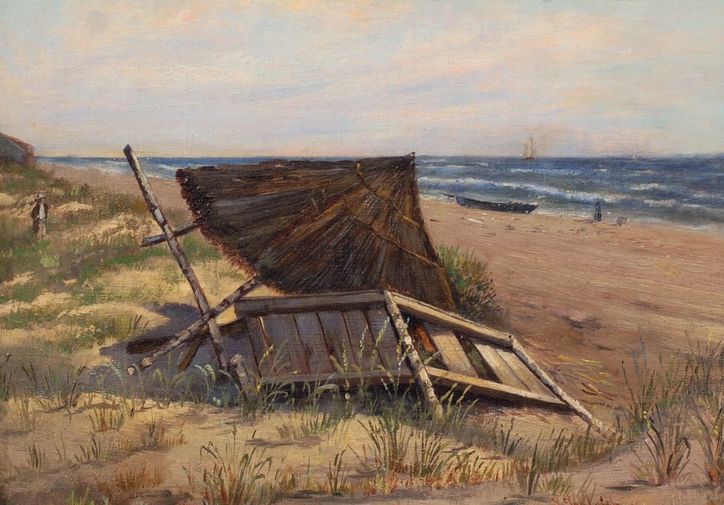 "On the Beach," an oil painting by German artist Hans Schleich (German, 1834-1912) "On the Beach," an oil painting by German artist Hans Schleich (German, 1834-1912)