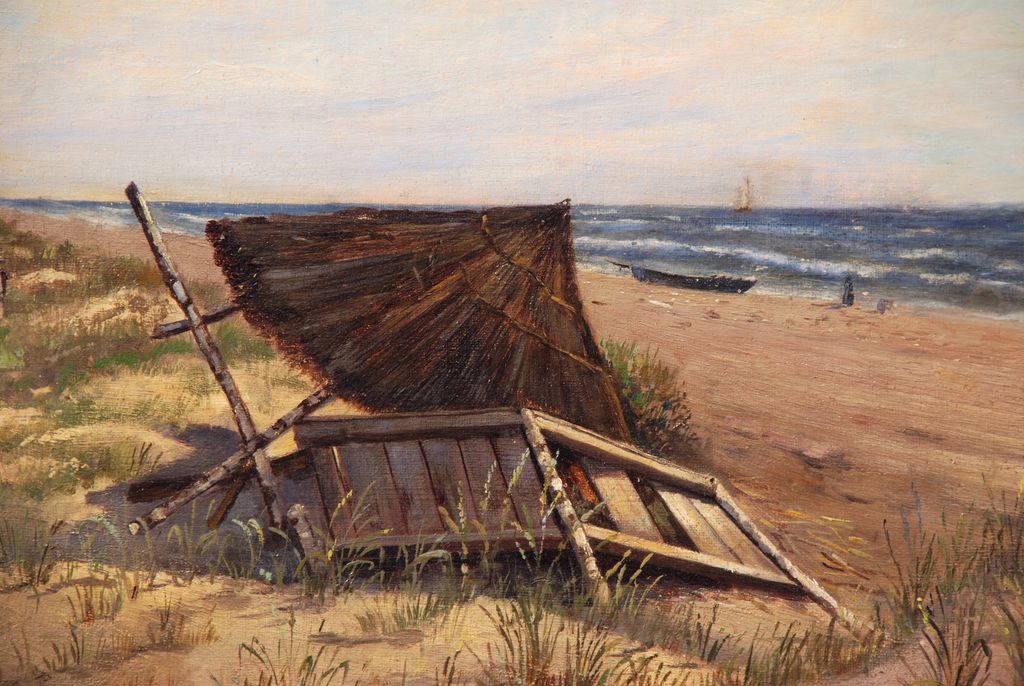 "On the Beach," an oil painting by German artist Hans Schleich (German, 1834-1912) "On the Beach," an oil painting by German artist Hans Schleich (German, 1834-1912)