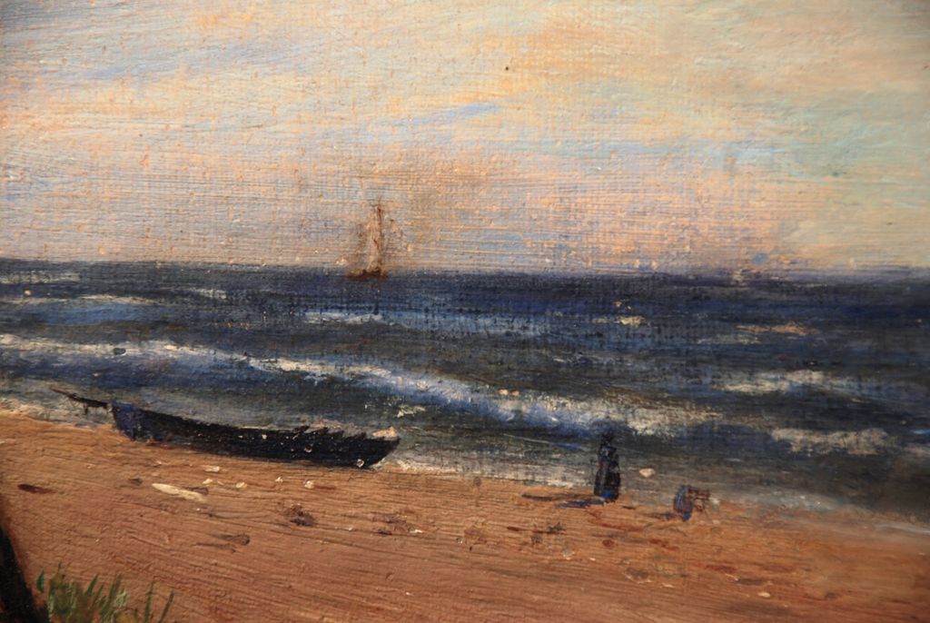 "On the Beach," an oil painting by German artist Hans Schleich (German, 1834-1912) "On the Beach," an oil painting by German artist Hans Schleich (German, 1834-1912)