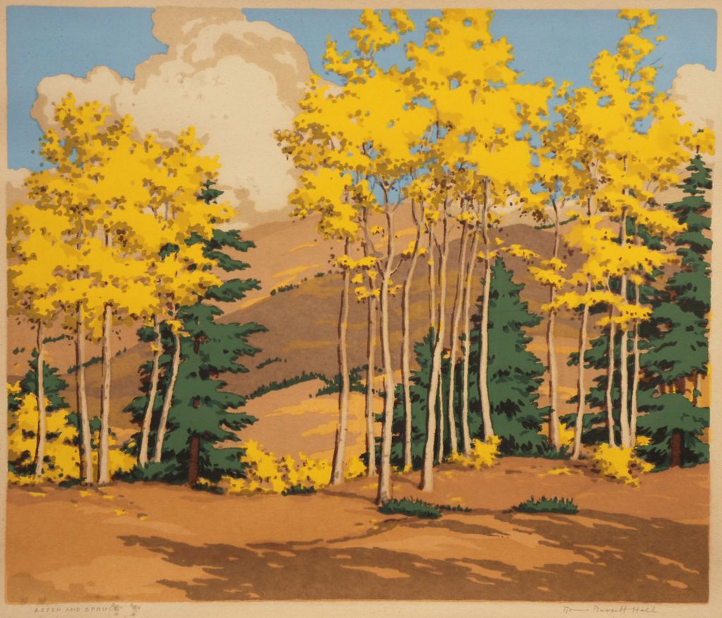 "Aspen and Spruce" color silkscreen by New Mexico artist Norma Bassett Hall (American, 1889 - 1957) "Aspen and Spruce" color silkscreen by New Mexico artist Norma Bassett Hall (American, 1889 - 1957)
