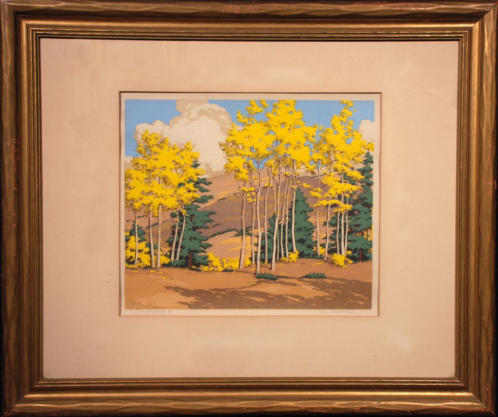 "Aspen and Spruce" color silkscreen by New Mexico artist Norma Bassett Hall (American, 1889 - 1957) "Aspen and Spruce" color silkscreen by New Mexico artist Norma Bassett Hall (American, 1889 - 1957)