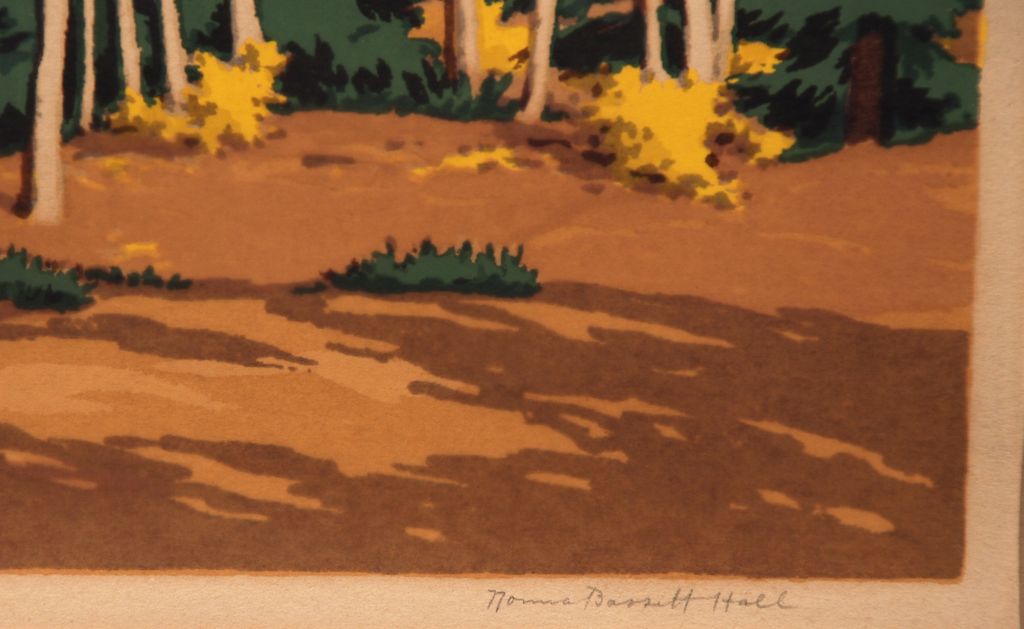 "Aspen and Spruce" color silkscreen by New Mexico artist Norma Bassett Hall (American, 1889 - 1957) "Aspen and Spruce" color silkscreen by New Mexico artist Norma Bassett Hall (American, 1889 - 1957)
