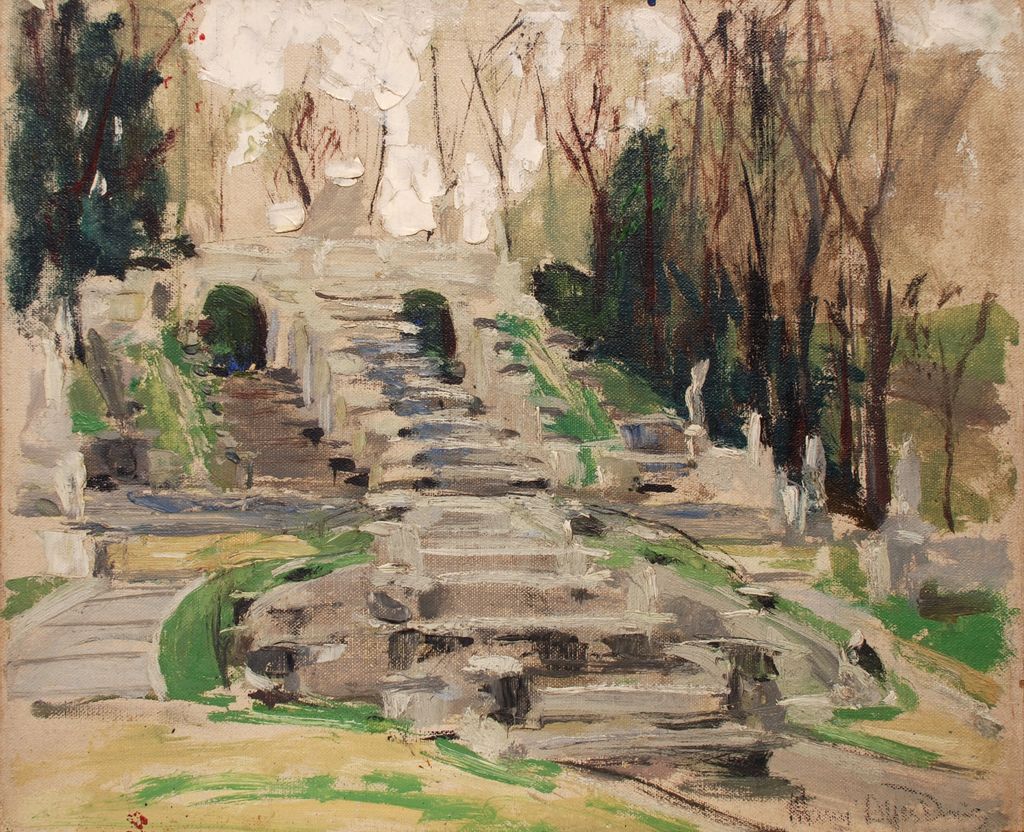 Marni Ayres Davis (American, 1900-1977), oil on canvasboard "Staircase in the Park" Marni Ayres Davis (American, 1900-1977), oil on canvasboard "Staircase in the Park"