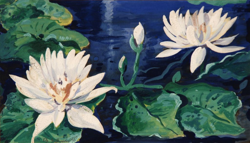 Indistinctly signed watercolor and gouache, "Waterlilies" Indistinctly signed watercolor and gouache, "Waterlilies"