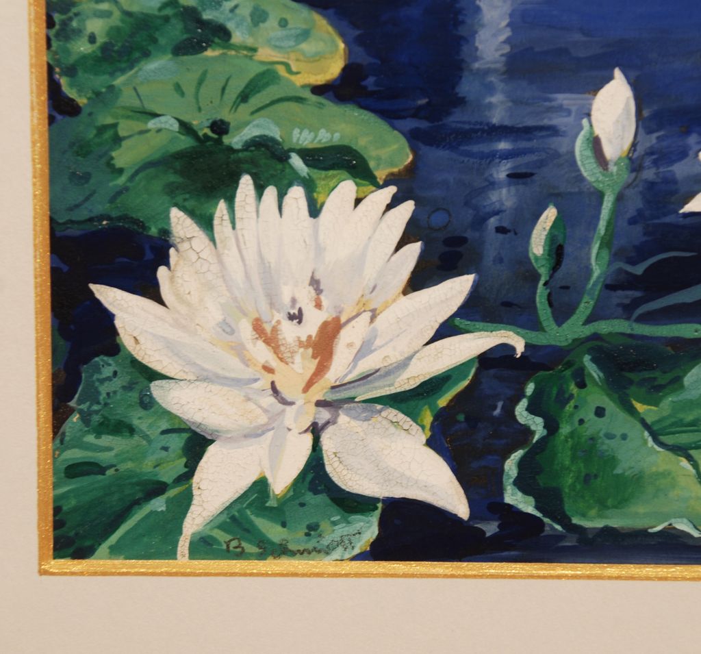 Indistinctly signed watercolor and gouache, "Waterlilies" Indistinctly signed watercolor and gouache, "Waterlilies"