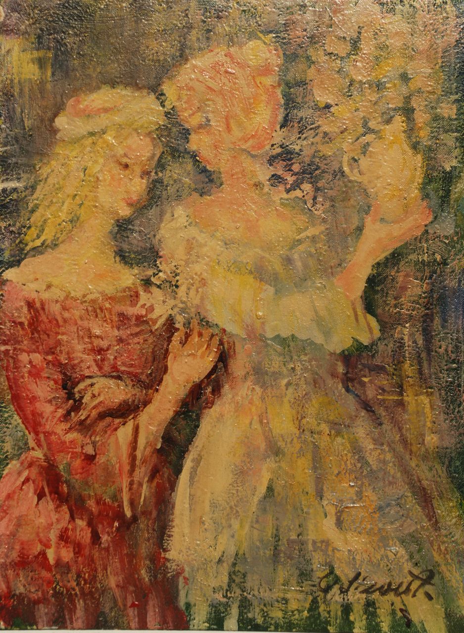 "Two Ladies," Indistinctly Signed oil on canvasboard "Two Ladies," Indistinctly Signed oil on canvasboard