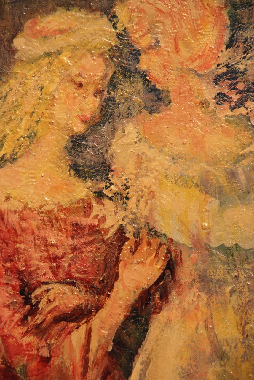"Two Ladies," Indistinctly Signed oil on canvasboard "Two Ladies," Indistinctly Signed oil on canvasboard