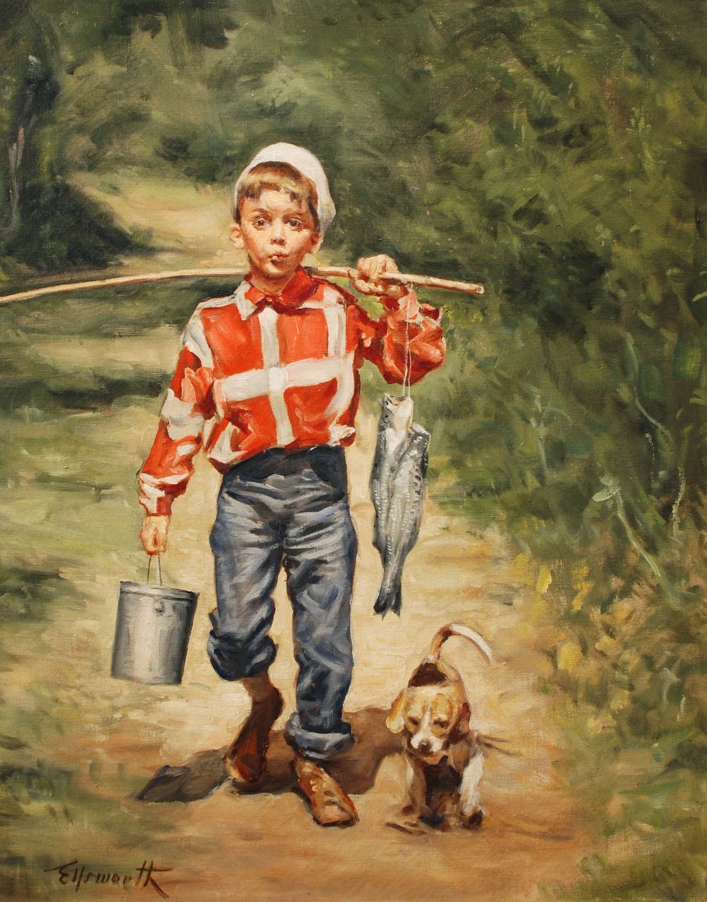 Oil on canvas, "Boy Fishing" by Wilson Ellsworth (American, 1908-1972) Oil on canvas, "Boy Fishing" by Wilson Ellsworth (American, 1908-1972)