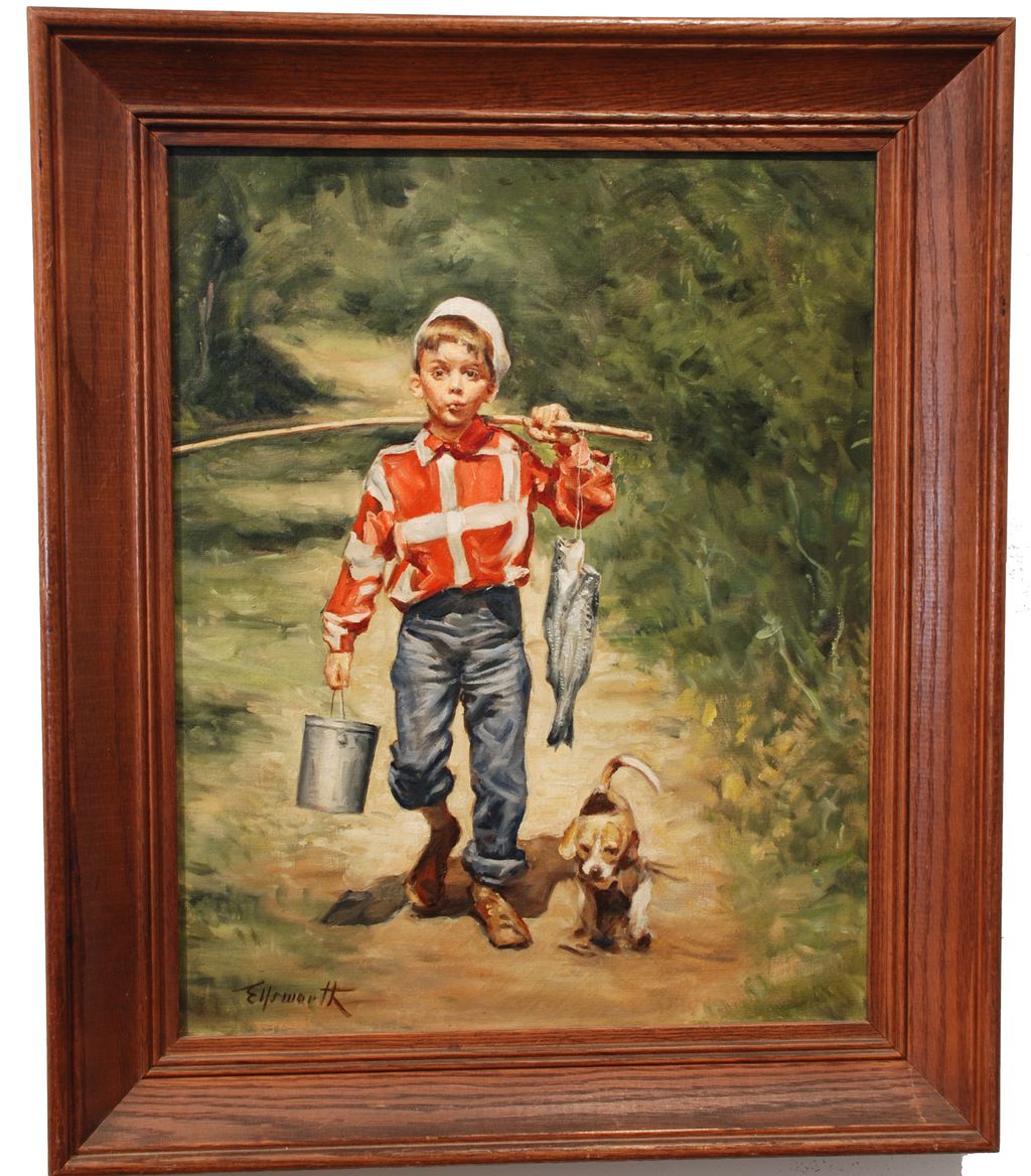 Oil on canvas, "Boy Fishing" by Wilson Ellsworth (American, 1908-1972) Oil on canvas, "Boy Fishing" by Wilson Ellsworth (American, 1908-1972)