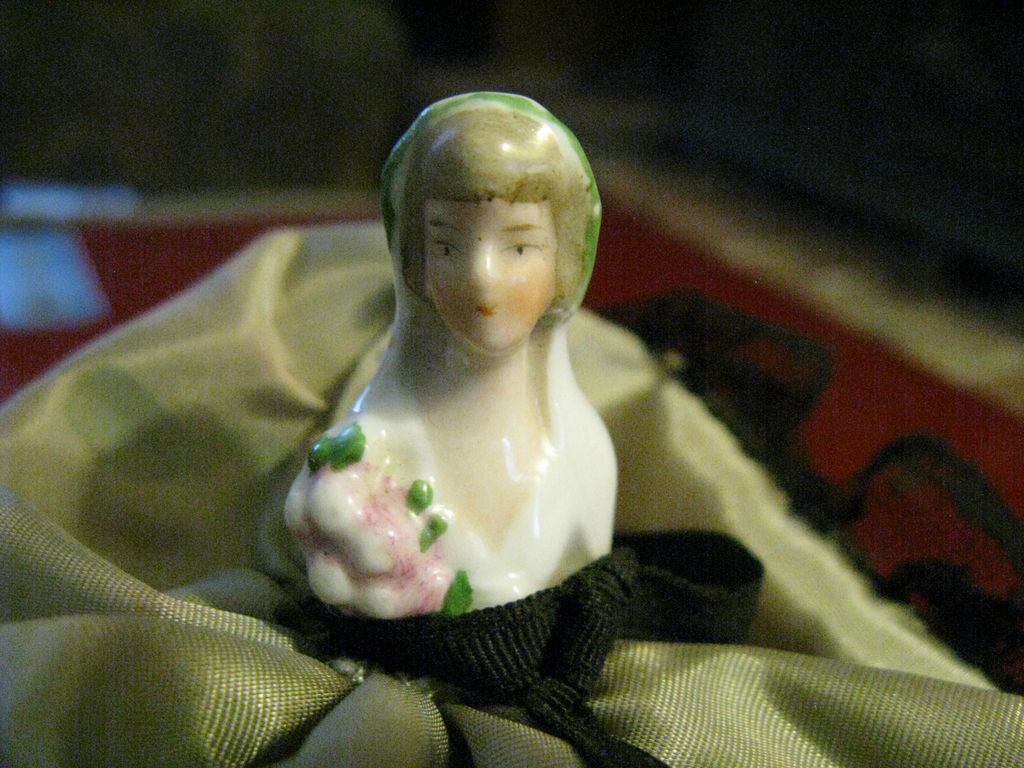 German Miniature "Bride" Pincushion/Half Doll with Dress & Cage German Miniature "Bride" Pincushion/Half Doll with Dress & Cage