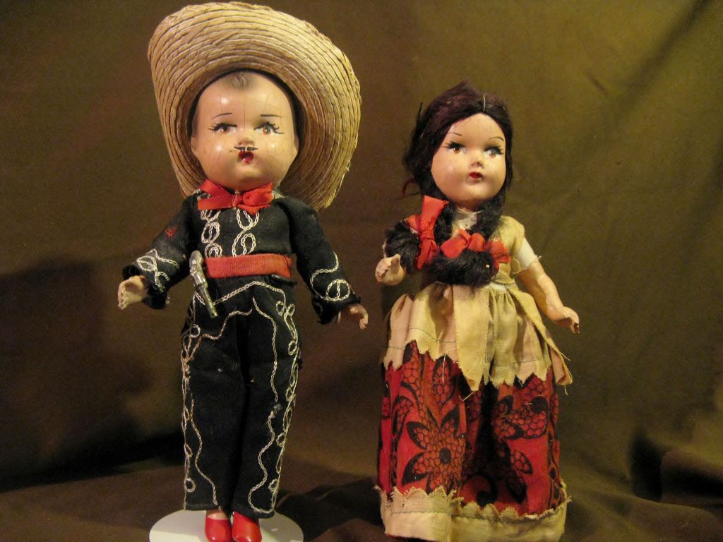 Pair of Mexican Composition 1940's-50's Doll 9" Pair of Mexican Composition 1940's-50's Doll 9"