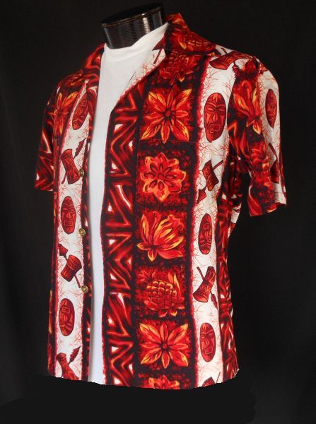 Vintage 60s Mens Hawaiian Shirt - Tiki God Masks and War Drums Vertical Print by Ui Maikai - Aloha Hawaiian Cotton Shirt - Size M Vintage 60s Mens Hawaiian Shirt - Tiki God Masks and War Drums Vertical Print by Ui Maikai - Aloha Hawaiian Cotton Shirt - Size M