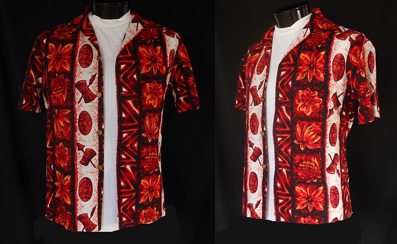 Vintage 60s Mens Hawaiian Shirt - Tiki God Masks and War Drums Vertical Print by Ui Maikai - Aloha Hawaiian Cotton Shirt - Size M Vintage 60s Mens Hawaiian Shirt - Tiki God Masks and War Drums Vertical Print by Ui Maikai - Aloha Hawaiian Cotton Shirt - Size M