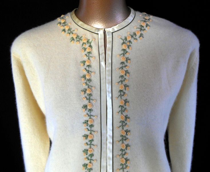 Vintage 50s Pale Yellow Cashmere Cardigan Sweater with Hand Embroidered 3-D Roses - Made in Hong Kong - Size M Vintage 50s Pale Yellow Cashmere Cardigan Sweater with Hand Embroidered 3-D Roses - Made in Hong Kong - Size M