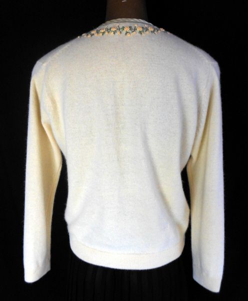 Vintage 50s Pale Yellow Cashmere Cardigan Sweater with Hand Embroidered 3-D Roses - Made in Hong Kong - Size M Vintage 50s Pale Yellow Cashmere Cardigan Sweater with Hand Embroidered 3-D Roses - Made in Hong Kong - Size M