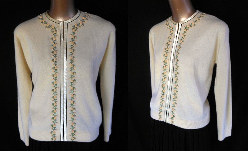 Vintage 50s Pale Yellow Cashmere Cardigan Sweater with Hand Embroidered 3-D Roses - Made in Hong Kong - Size M Vintage 50s Pale Yellow Cashmere Cardigan Sweater with Hand Embroidered 3-D Roses - Made in Hong Kong - Size M