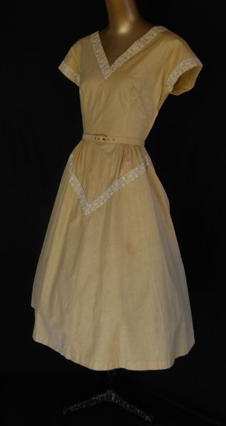 Vintage 50s Party Day Dress in Goldfinch Yellow Cotton with Embroidered Trim - Original Belt - Size M to L Vintage 50s Party Day Dress in Goldfinch Yellow Cotton with Embroidered Trim - Original Belt - Size M to L
