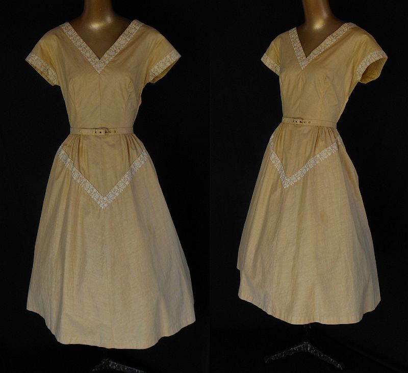Vintage 50s Party Day Dress in Goldfinch Yellow Cotton with Embroidered Trim - Original Belt - Size M to L Vintage 50s Party Day Dress in Goldfinch Yellow Cotton with Embroidered Trim - Original Belt - Size M to L