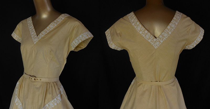 Vintage 50s Party Day Dress in Goldfinch Yellow Cotton with Embroidered Trim - Original Belt - Size M to L Vintage 50s Party Day Dress in Goldfinch Yellow Cotton with Embroidered Trim - Original Belt - Size M to L