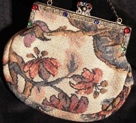 French Tapestry Evening Purse with Decorative Brass and Cabochon Glass Frame and Clasp. French Tapestry Evening Purse with Decorative Brass and Cabochon Glass Frame and Clasp.