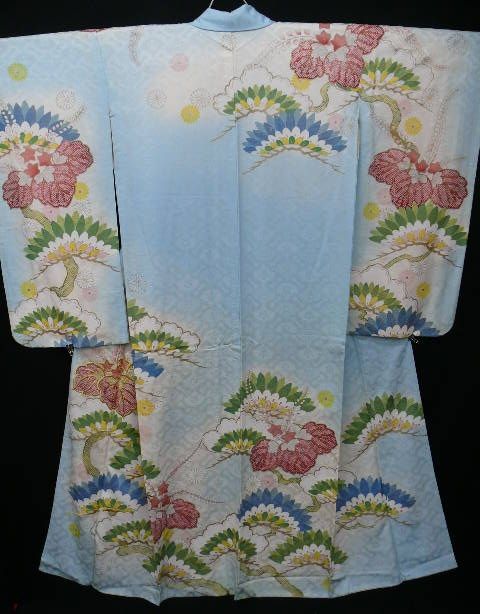 Antique Blue Silk Furisode Kimono with Gold Embroidery and Hand Painted Details. Antique Blue Silk Furisode Kimono with Gold Embroidery and Hand Painted Details.