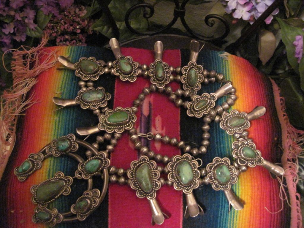 Substantial Vintage Native American Pawn Silver and Turquoise Squash Blossom Necklace with Naja Substantial Vintage Native American Pawn Silver and Turquoise Squash Blossom Necklace with Naja