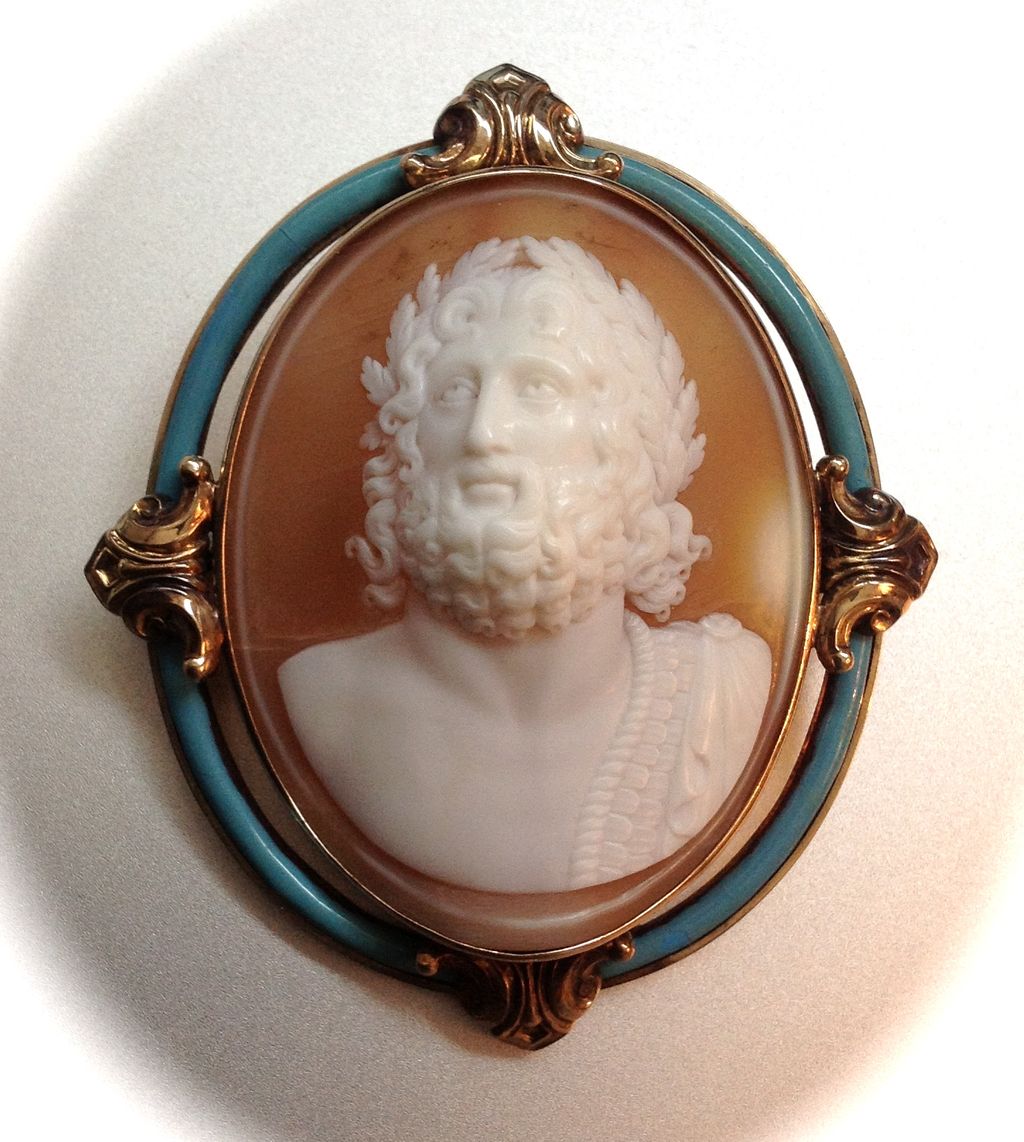 Italian Full-Frontal Cameo Brooch of Zeus in a Magnificent Blue Enamel Mount (15K) Italian Full-Frontal Cameo Brooch of Zeus in a Magnificent Blue Enamel Mount (15K)