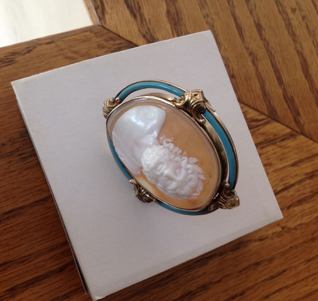 Italian Full-Frontal Cameo Brooch of Zeus in a Magnificent Blue Enamel Mount (15K) Italian Full-Frontal Cameo Brooch of Zeus in a Magnificent Blue Enamel Mount (15K)