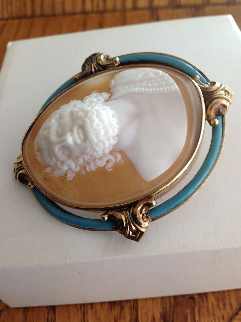 Italian Full-Frontal Cameo Brooch of Zeus in a Magnificent Blue Enamel Mount (15K) Italian Full-Frontal Cameo Brooch of Zeus in a Magnificent Blue Enamel Mount (15K)