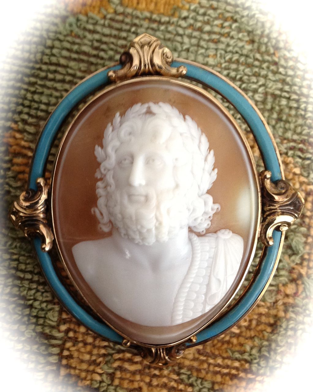 Italian Full-Frontal Cameo Brooch of Zeus in a Magnificent Blue Enamel Mount (15K) Italian Full-Frontal Cameo Brooch of Zeus in a Magnificent Blue Enamel Mount (15K)
