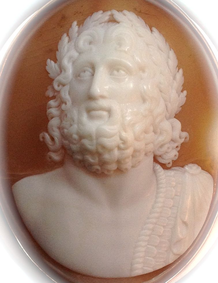 Italian Full-Frontal Cameo Brooch of Zeus in a Magnificent Blue Enamel Mount (15K) Italian Full-Frontal Cameo Brooch of Zeus in a Magnificent Blue Enamel Mount (15K)