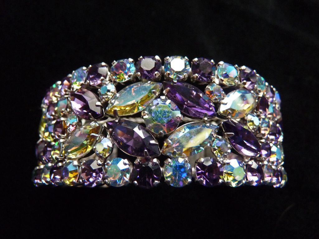 Purple and Aurora Borealis Marquis Signed Sherman Cuff Bracelet. Purple and Aurora Borealis Marquis Signed Sherman Cuff Bracelet.