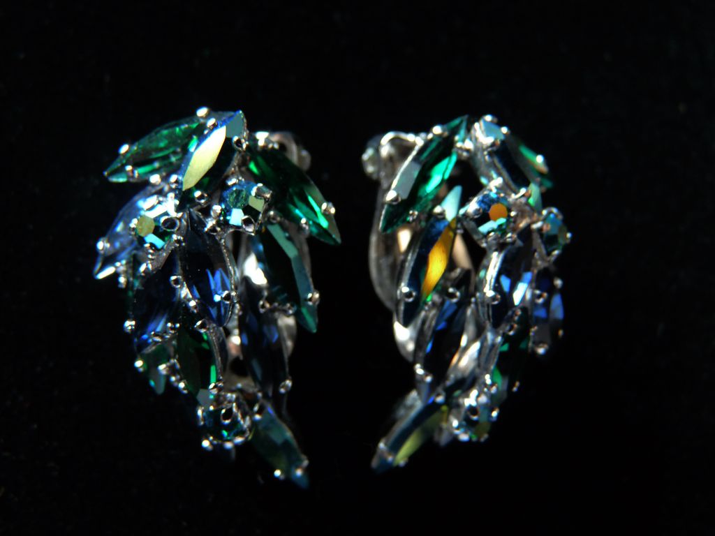 Emerald Green and Navy Signed Sherman Earrings. Emerald Green and Navy Signed Sherman Earrings.