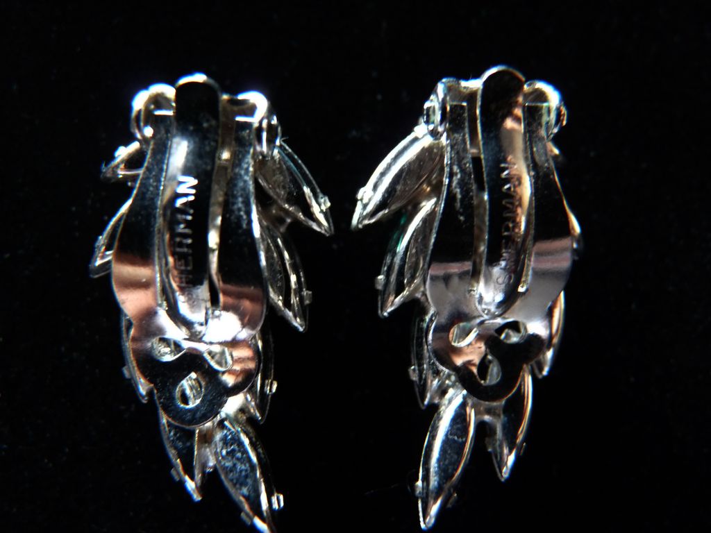 Emerald Green and Navy Signed Sherman Earrings. Emerald Green and Navy Signed Sherman Earrings.