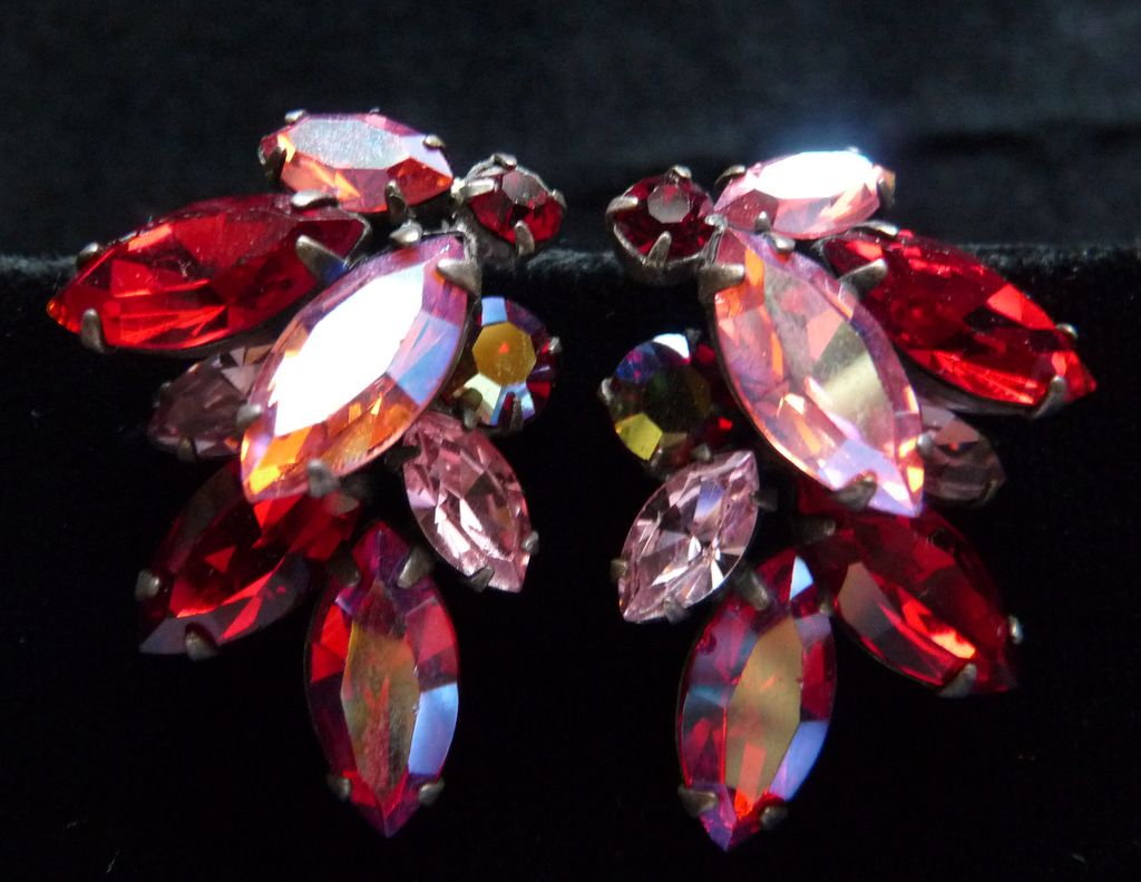 Red and Pink Japanned Signed Regency Earrings. Red and Pink Japanned Signed Regency Earrings.