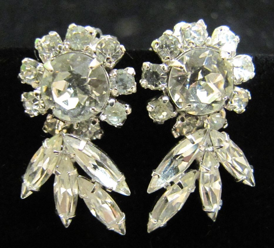 Clear Floral Signed Sherman Earrings. Clear Floral Signed Sherman Earrings.
